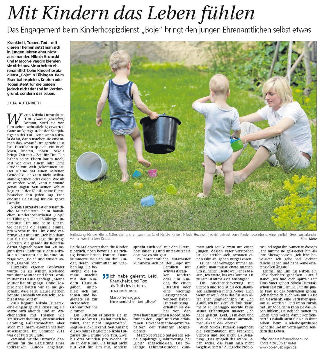 Bericht im Schwäbischen Tagblatt (11. Juli 2013) zur Arbeit von Ehrenamtlichen